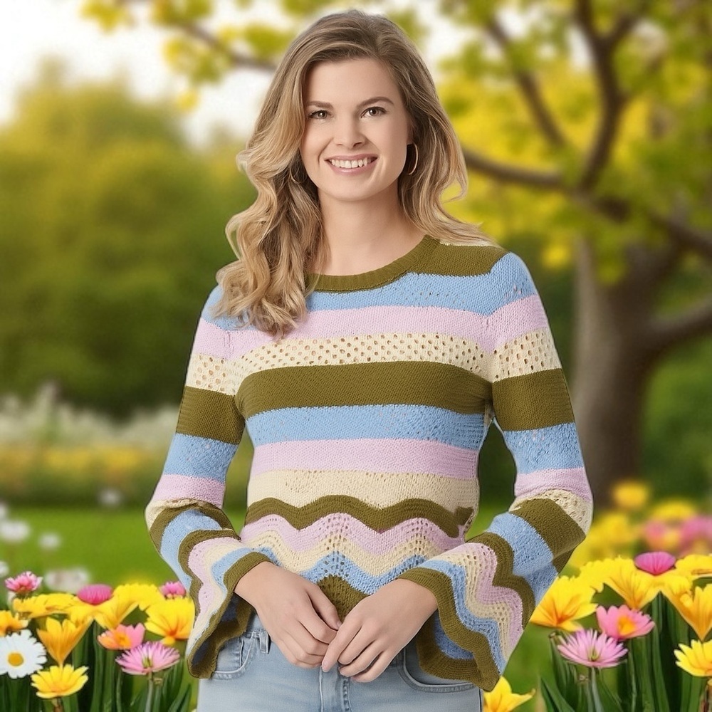 Jessica Simpson Colorblock Crochet‎ Bell Sleeve Cottagecore Garden Top Size M